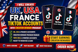 create UK, USA, france, germany tiktok accounts with creator reward program