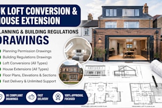draw UK loft conversion and house extension planning and building regulations