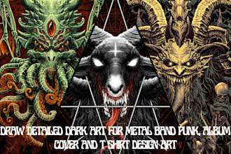 draw detailed dark art for metal band punk, album cover and t shirt design art