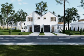 house 2d plan duplex townhouse, revit 3d modeling, HQ render exterior,car garage