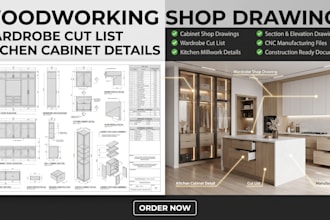 do detailed shop drawing for wardrobe cutlist and kitchen woodworking cabinet
