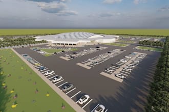 modern commercial building, outdoor parking lot,exhibition center,urban planning