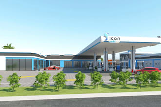 renew 3d gas station exterior, fuel station,ev car parking,petrol station render