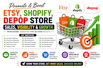 promote and boost etsy, shopify, depop store sales, etsy marketing store growth