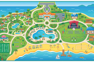 design custom resort map, campground map, tourist map, isometric event venue map