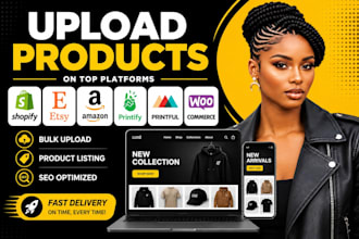 upload products on shopify, printify, printful, amazon, etsy, woocommerce store