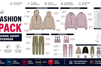 create women fashion tech pack for streetwear hoodie jacket pants and activewear