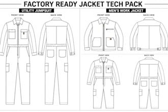 create factory ready tech pack for mens work jacket utility jumpsuit with sketch