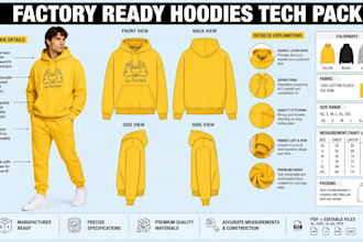 create hoodie gym wear and activewear tech pack with sketches for manufacturing