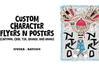 make flyer poster  chibi anime cartoon character y2k grunge illustrations