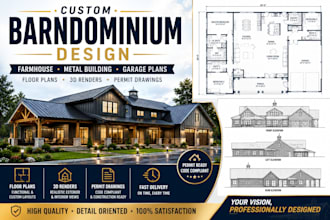 design custom barndominium farmhouse, metal building and garage plans