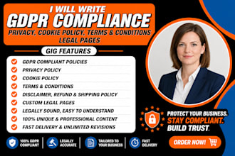 write gdrp compliance privacy terms and conditions cookie policy and legal pages