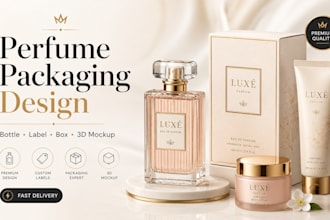 design luxury perfume bottle, label, packaging box and 3d mockup