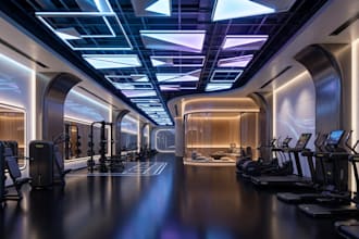 design commercial gym, fitness room, yoga with realistic gym rendering
