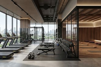 design commercial gym, fitness room, yoga with realistic gym rendering