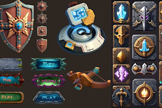 3d game assets, game ui design, game art design, main menu, 2d 3d game icons