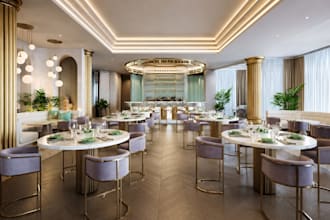 create restaurant interior design seating layout 3d render
