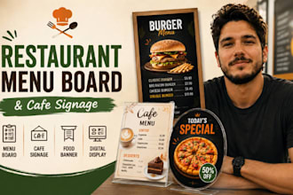 create restaurant menu board, cafe signage, food promotion banner ads graphics