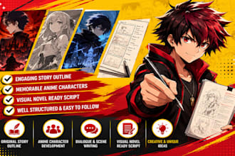 write professional story outline script anime character for your visual novels
