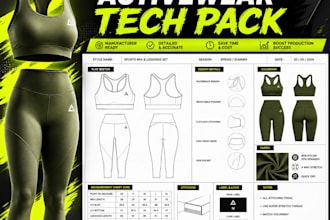 design activewear tech pack with technical drawing for manufacturing
