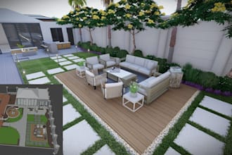 create rooftop terrace, rooftop garden, outdoor living and 3d landscape render