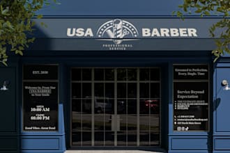 do barber shopfront design, shop signage, and retails window graphics