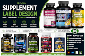 design premium supplement label, bottle packaging for vitamins, protein  gummies