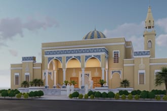 create 3d mosque design, islamic center, masjid, religion building visualization