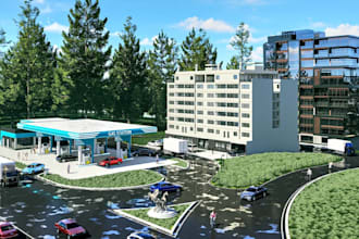 build 3d archicad petrol,gas station,car wash,cgi car parking,driveway rendering