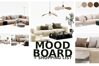 interior design with mood board, home decor shopping list