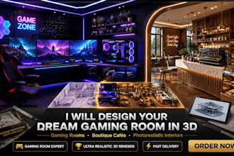 design your gaming room setup or a boutique cafe interior in 3d