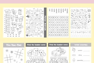 design kids activity book for boys, girls, puzzles mazes mind games word search