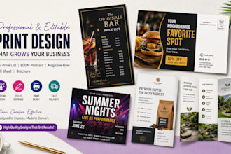 do editable bar price list, eddm postcard, magazine flyer, sell sheet, brochure