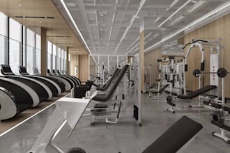 showcase 3d gym showroom,workout studio interior,cardio area, fitness hub render