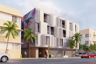 renovate 3d apartment exterior, building street view, decorative facade screens