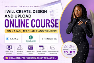 create, design and upload online course on kajabi, teachable and thinkific