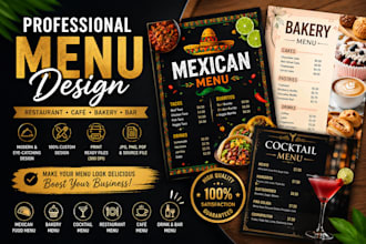 design bakery menu , mexican food menu design ,and cocktail menu design