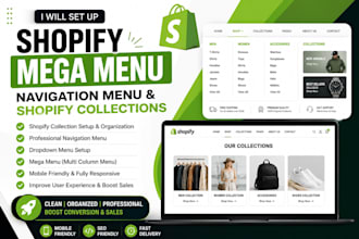 set up shopify mega menu, navigation menu and shopify collections