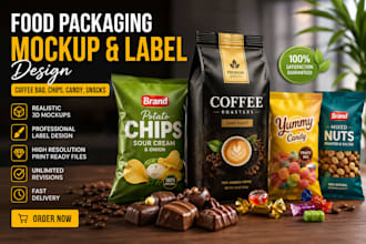 design food packaging mockups and labels for coffee bags, mylar bags, 3d mockups