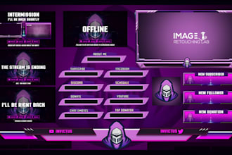 design twitch overlay, stream package, twitch panel, alert obs and kick graphics