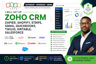 setup zoho CRM, zapier shopify stripe gmail quickbook twilio airtable salesforce