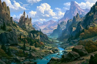 draw fantasy landscape illustration, gaming or card background