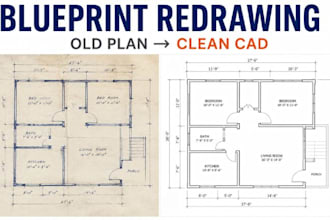 redraw old blueprints into clean 2d autocad floor plans