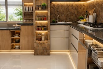 design a functional kitchen interior with smart storage solutions