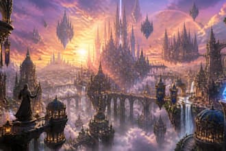 illustrate detailed fantasy cityscapes, no ai