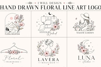 design whimsical hand drawn boho floral line art logo for your business