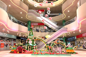 3d indoor christmas mall model,santa set mockups, glass ornament, entrance decor