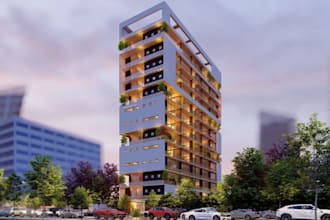 create 3d high rise apartment building, residential exterior design, landscape