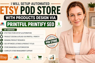 setup automated etsy pod store with products design via printful printify SEO