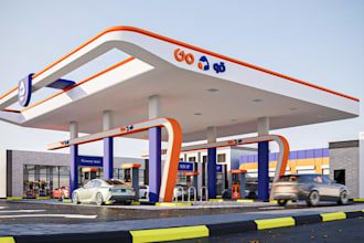cgi3d gas station exterior, grocery store, ev charging,car wash,auto repair,logo